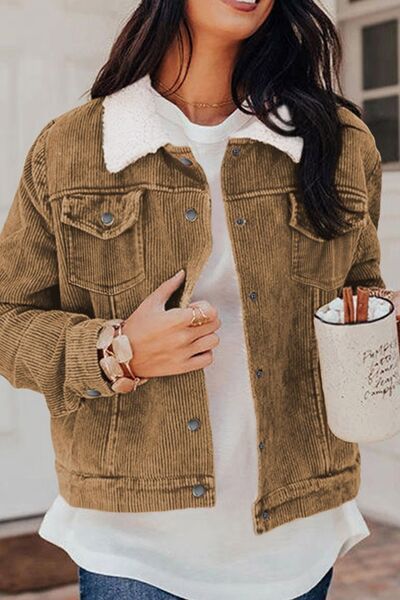 Vintage Women Winter Corduroy Snap Down Jacket With Collared Neck and Plush Lining by Stevvex