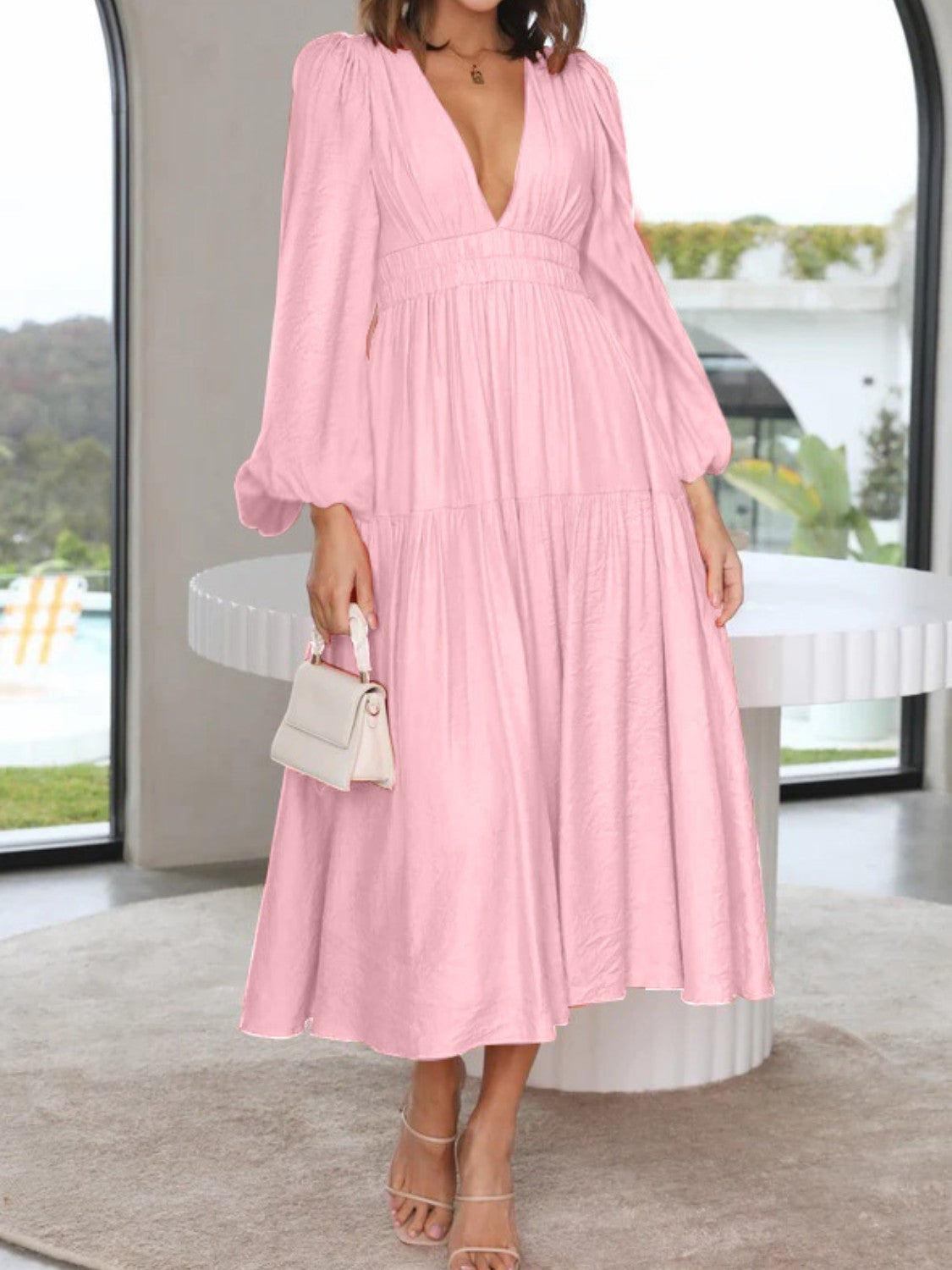 Lightweight Deep V-Neck Balloon Sleeve Maxi Dress Elegant & Flowing Silhouette Unique Dress by Stevvex