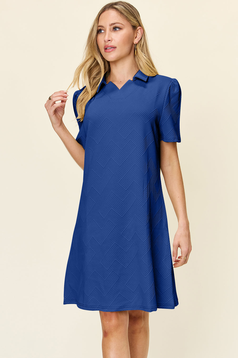 Double Take Full Size Texture Collared Neck Short Sleeve Dress Textured Dress For Women by Stevvex