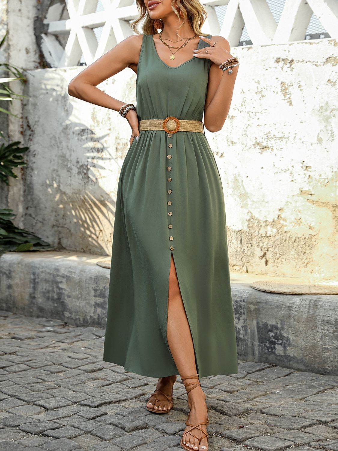 Decorative Button Sleeveless Midi Dress Elegant & Timeless Long Comfortable Dress by Stevvex