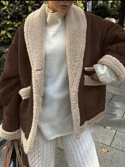 Fuzzy Collared Neck Long Sleeve Jacket with Buttoned Closure and Cozy Pockets by Stevvex