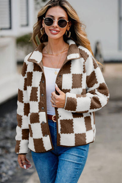 Elegant Checkered Snap Down Long Sleeve Teddy Jacket Soft & Warm Colorful Jacket by Stevvex