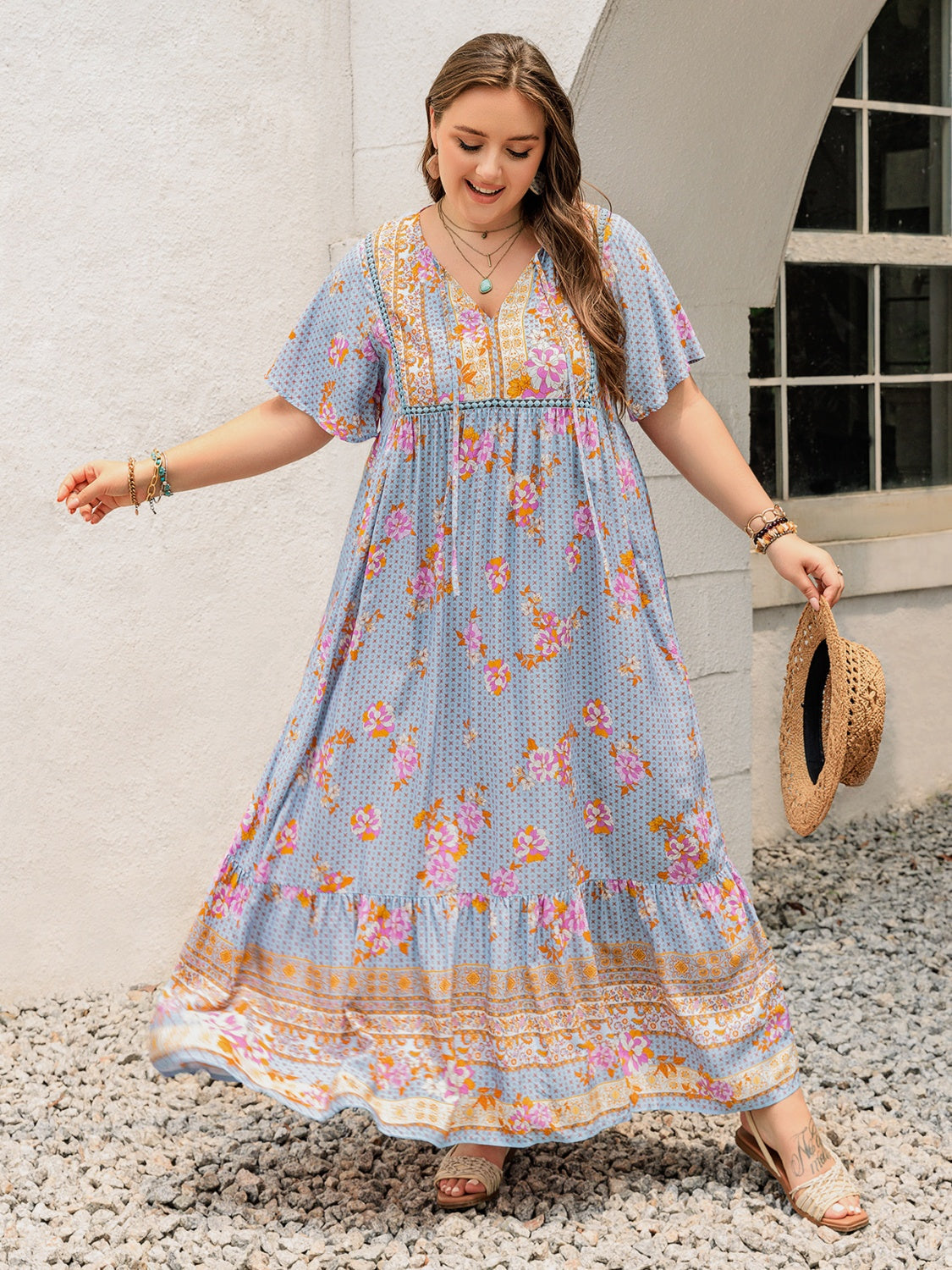 Pink Purple Plus Size Printed Flutter Sleeve Maxi Dress Elegant & Flowy Dress Unique Design by Stevvex
