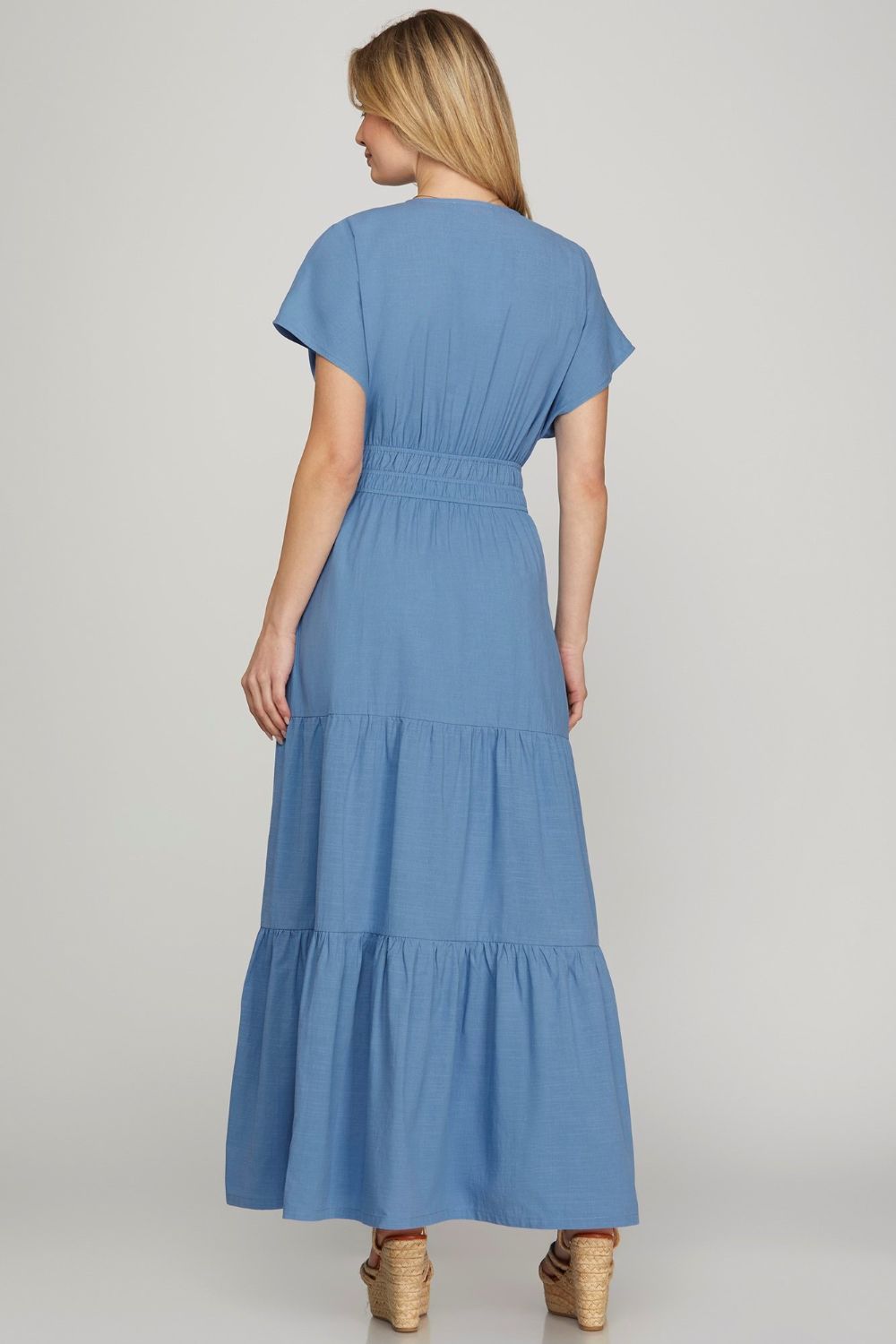 Surplice Short Sleeve Tiered Maxi Dress With Pockets For Women – Elegant, Versatile, Comfortable and Functional with Flattering Surplice Neckline and Tiered Design for Effortless Style by Stevvex