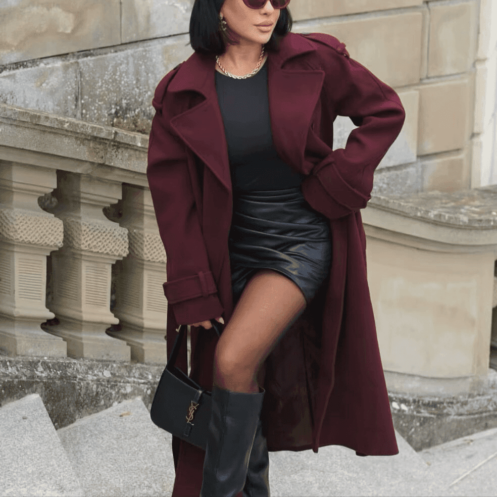 Elegant Bordeaux Lapel Mix Maxi Overcoat - Lifestyle Haven