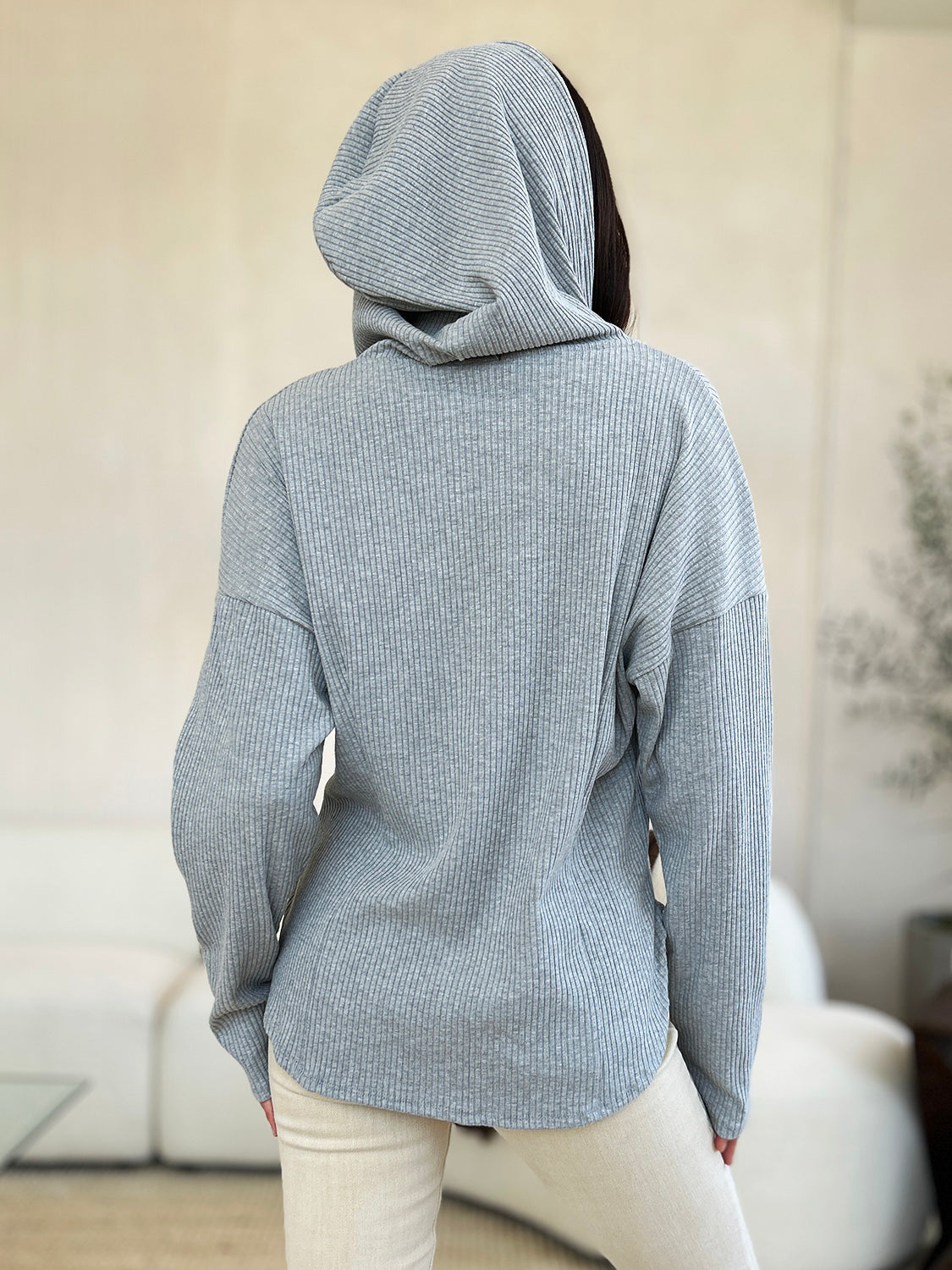 Culture Code Full Size Ribbed Zip Up Drawstring Hooded Jacket Women Trendy Jacket With Adjustable Hood For Women by Stevvex