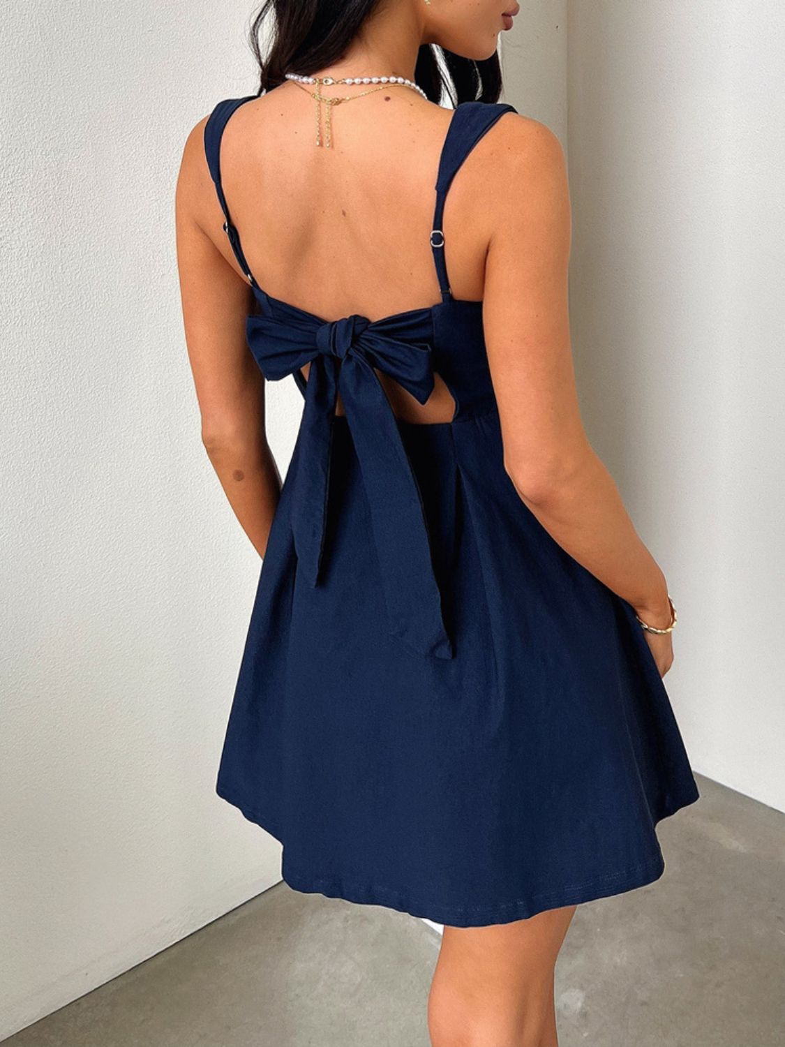 Dark Blue Bow Back Square Neck Mini Dress Luxury Feminine & Flattering Dress For Girls by Stevvex