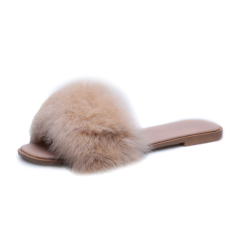 Fashion Fur Flat Women's Slippers Plus Size Spring Summer Fluffy Fur Slippers Shoes Woman Plush Fur Slip On Flip Flop Flat Furry Fur Slides Outdoor Sandals Furry Slides Summer Sandals Open Toe Indoor Outdoor Fluffy Slides