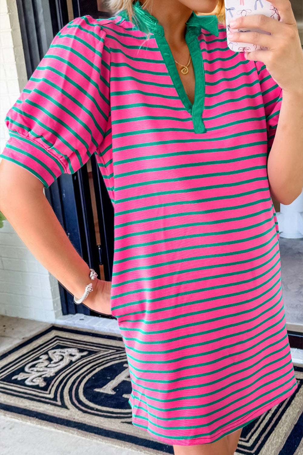 Pink Striped Collar Puff Sleeve Mini Tee Dress Chic & Casual Statement Piece Simple Women Dress by Stevvex