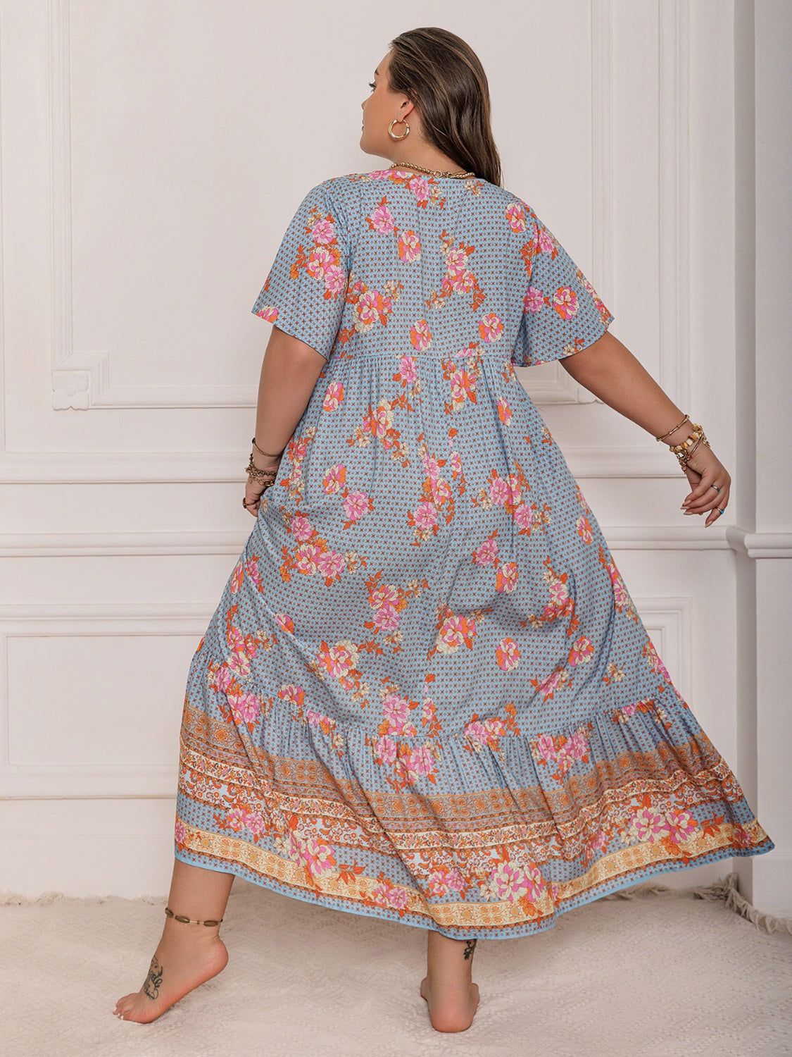 Pink Purple Plus Size Printed Flutter Sleeve Maxi Dress Elegant & Flowy Dress Unique Design by Stevvex