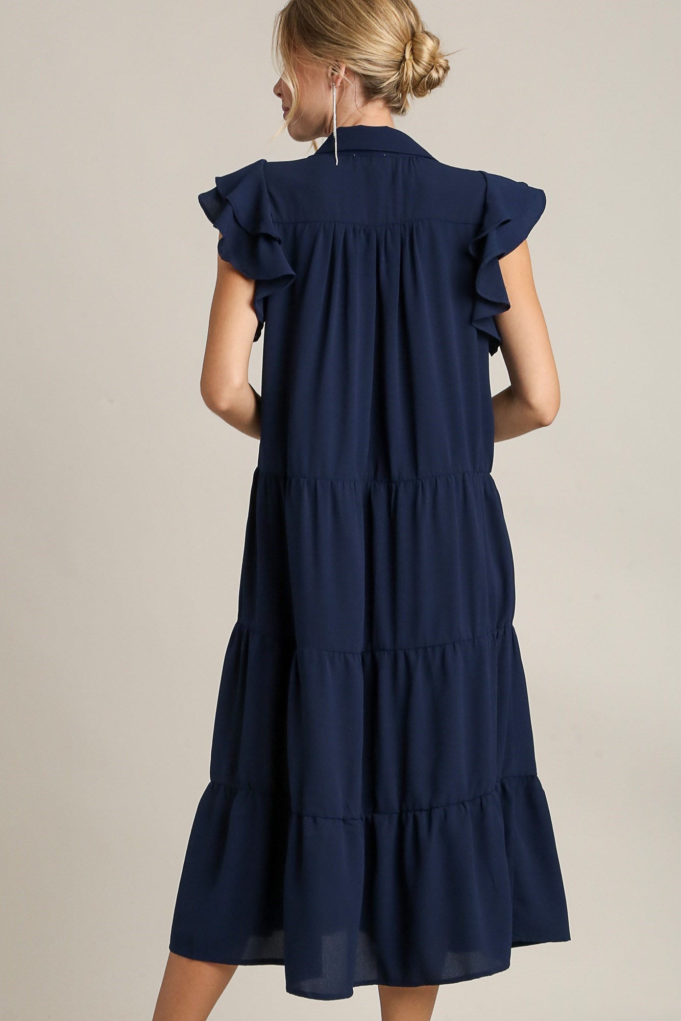 Dark Navy Full Size Ruffle Sleeve Dress Classic Feminine Plus Size Fashion Soft Dress by Stevvex