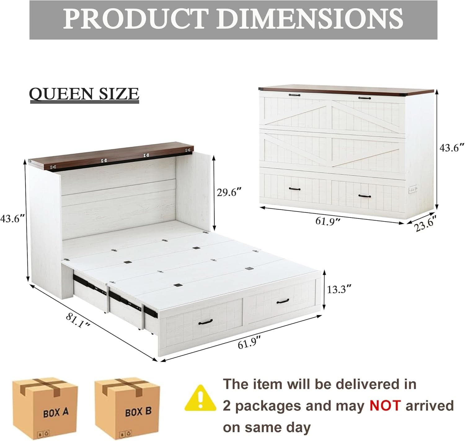 Queen Murphy Bed Frame with Charging Station Design