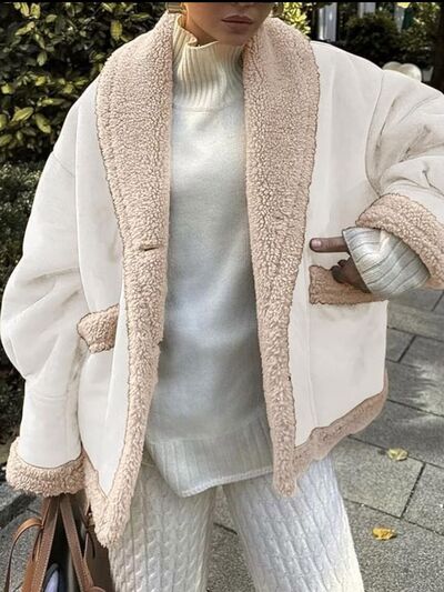 Fuzzy Collared Neck Long Sleeve Jacket with Buttoned Closure and Cozy Pockets by Stevvex