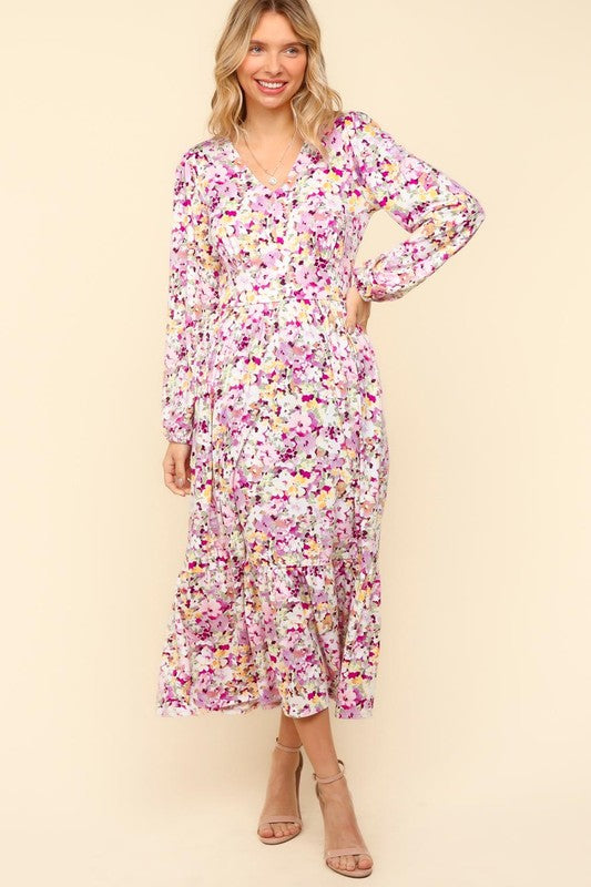 Lilac Full Size Floral V-Neck Long Sleeve Dress With Side Pockets Elegant & Practical Dress by Stevvex