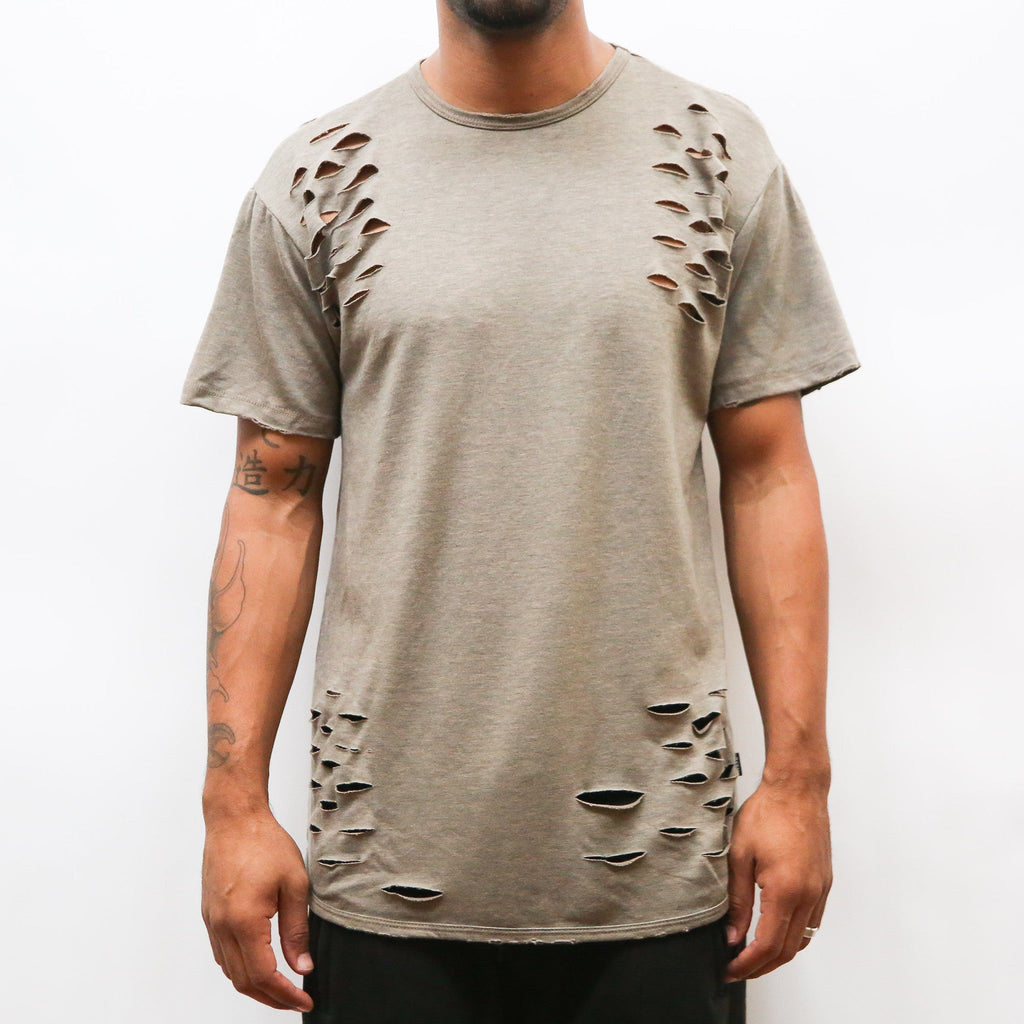 Taupe Distressed Tee for Men with Scissor Cuts