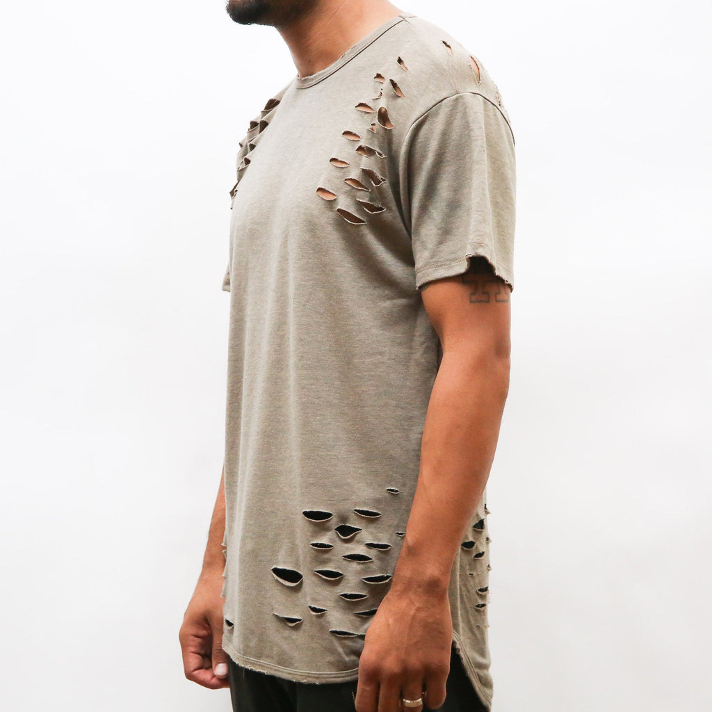 Taupe Distressed Tee for Men with Scissor Cuts