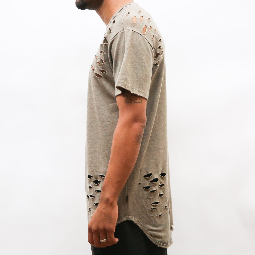 Taupe Distressed Tee for Men with Scissor Cuts