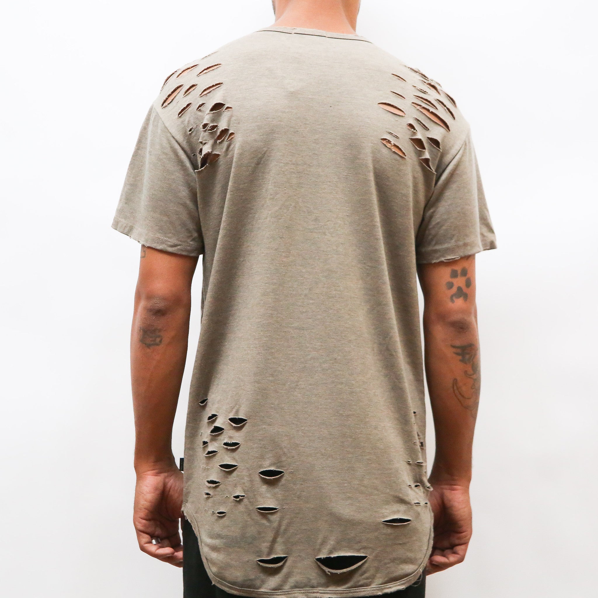 Taupe Distressed Tee for Men with Scissor Cuts