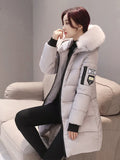 Women Winter Fur Collar Hooded Parka Fashion Letter Patch Zipper Pockets Design Long Jacket Elegant Slim Warm Thick Female Coats