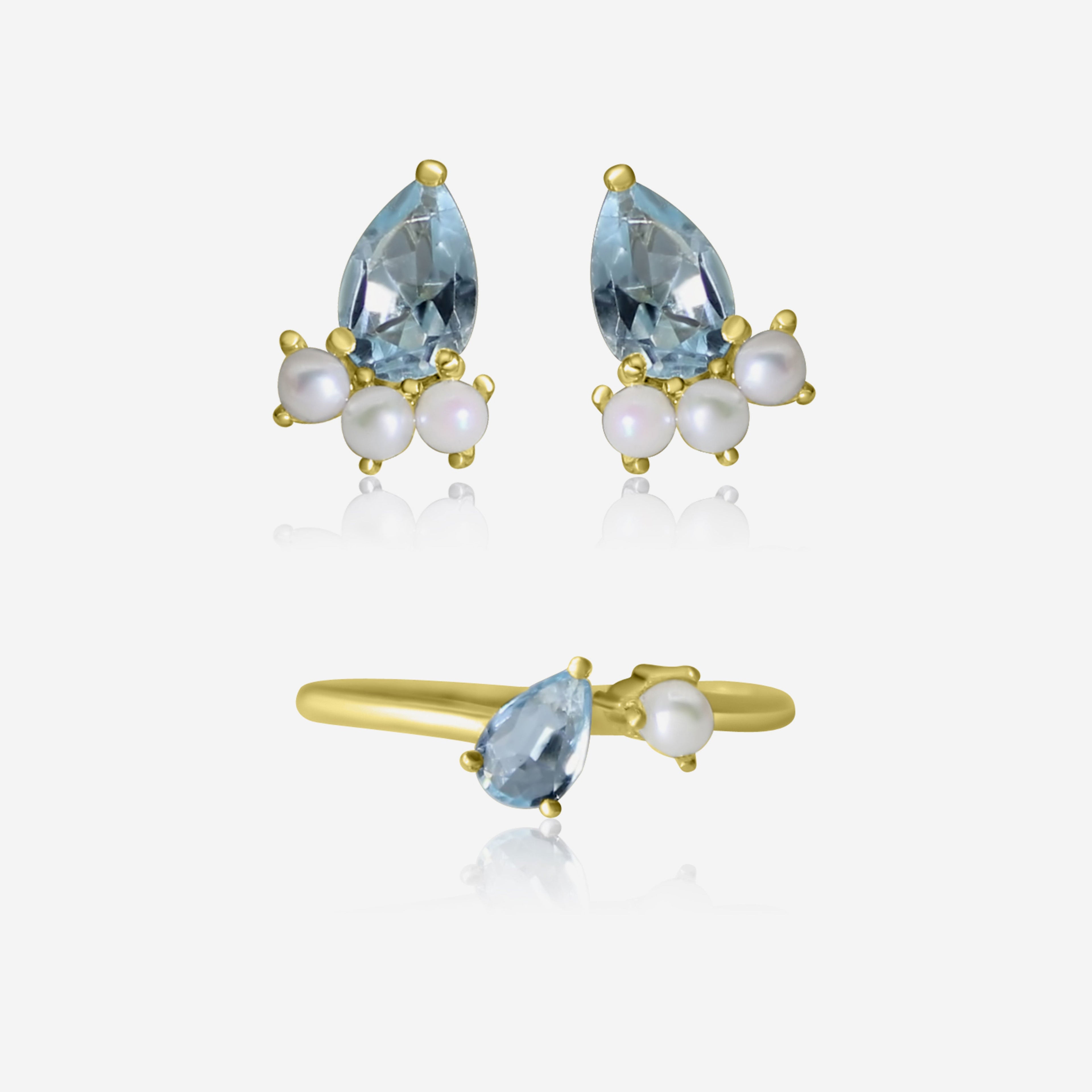 Aquamarine & Akoya Pearl Jewelry Set | Earrings & Ring | 14K Gold