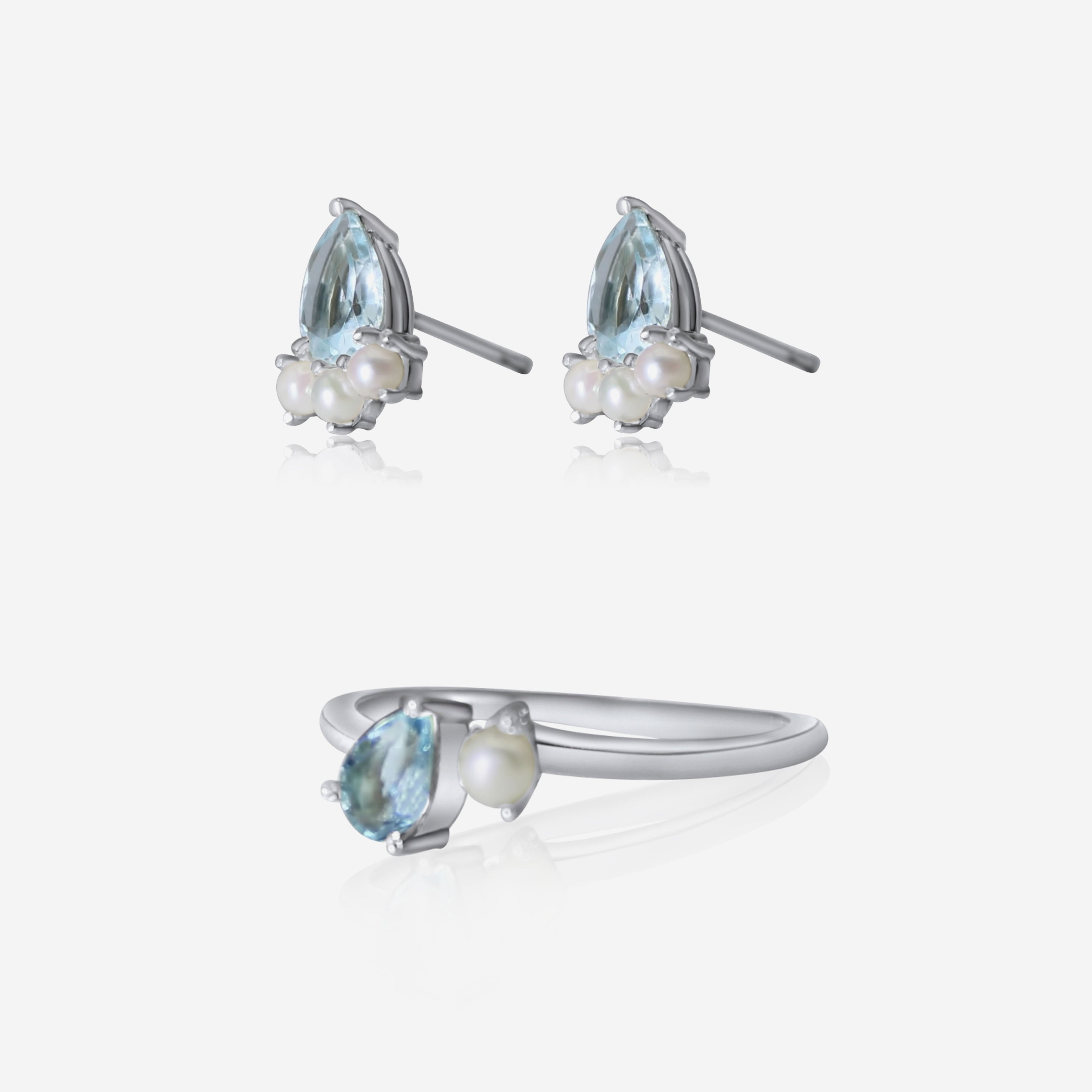 Aquamarine & Akoya Pearl Jewelry Set | Earrings & Ring | 14K Gold