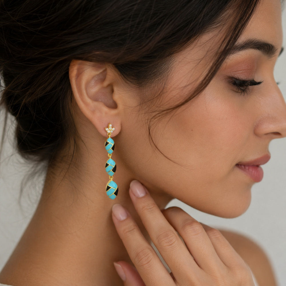 18K Gold Plated Turquoise Blue & Black Enamel Long Designer Earrings BIE1061_A