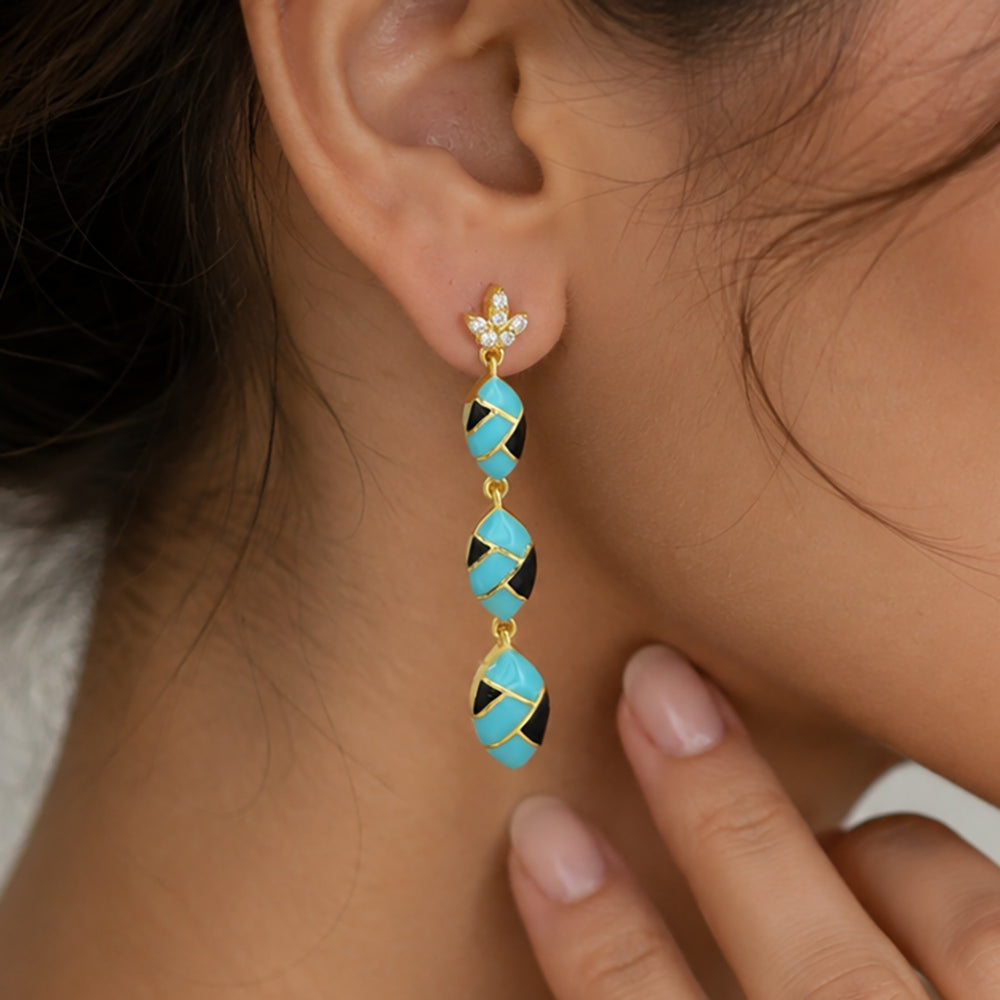 18K Gold Plated Turquoise Blue & Black Enamel Long Designer Earrings BIE1061_A