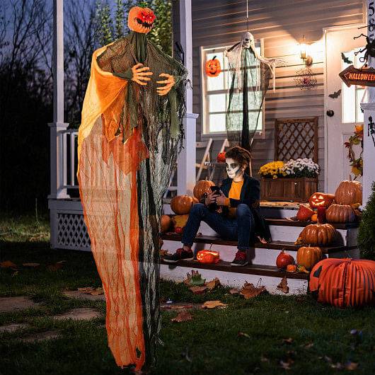 Hanging Pumpkin Ghost with Glowing Eyes for Halloween
