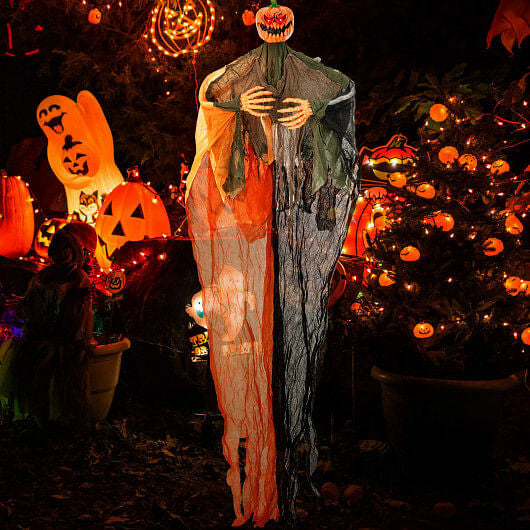 Hanging Pumpkin Ghost with Glowing Eyes for Halloween