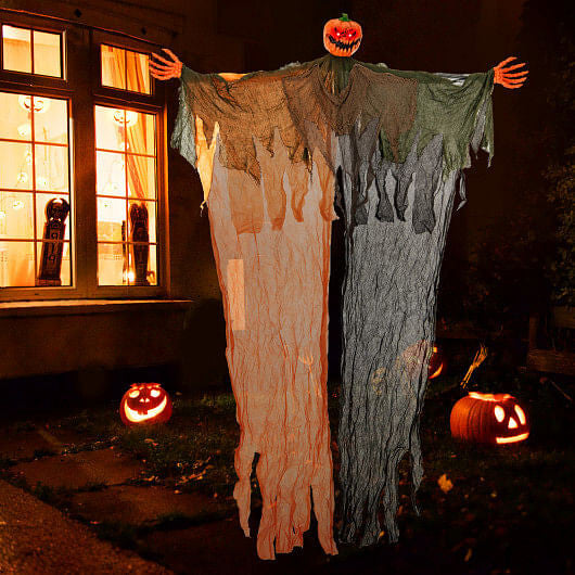 Hanging Pumpkin Ghost with Glowing Eyes for Halloween