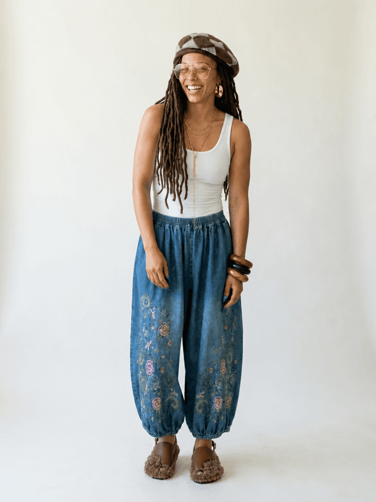 Embroidered Denim Wide-Leg Pants for Stylish Women