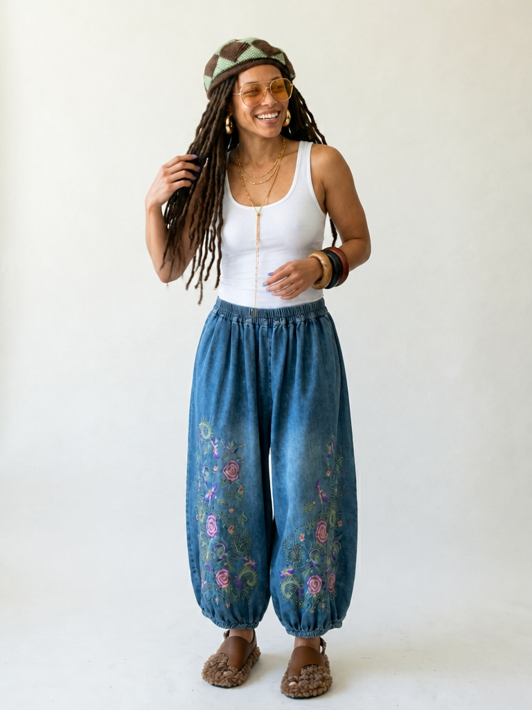 Embroidered Denim Wide-Leg Pants for Stylish Women