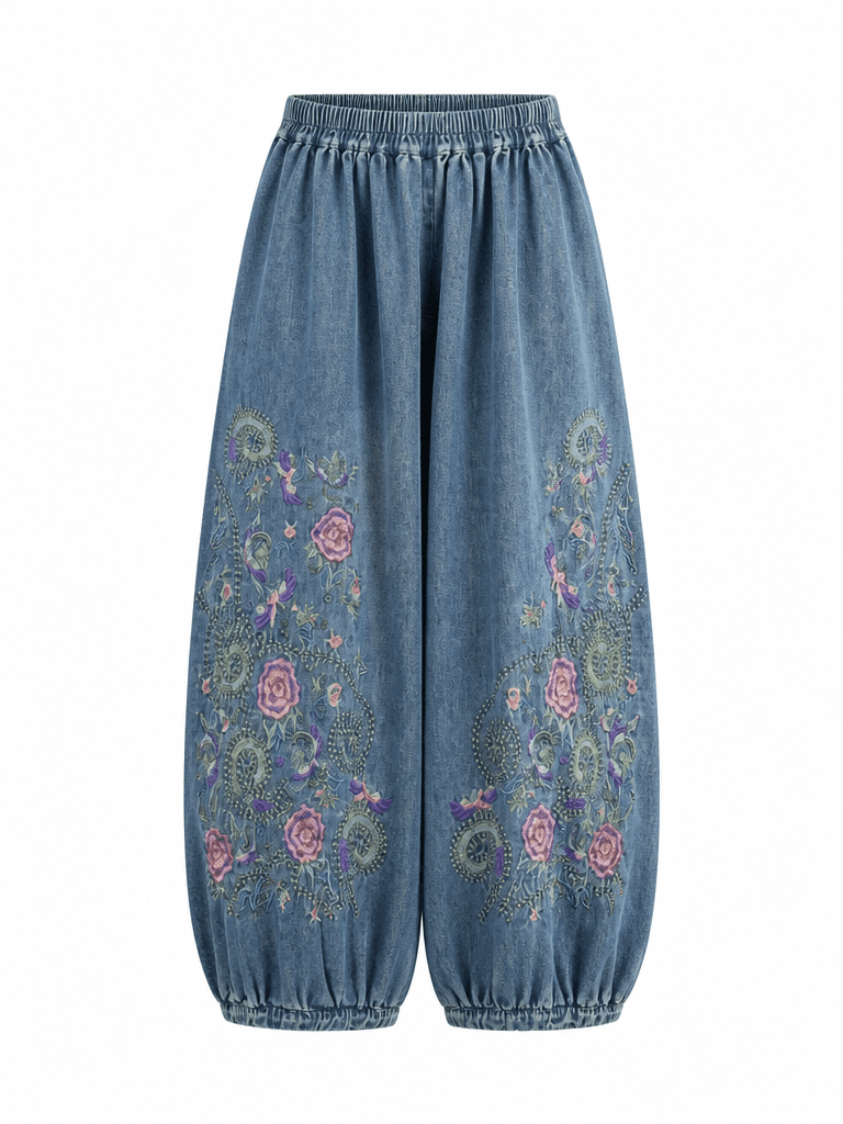 Embroidered Denim Wide-Leg Pants for Stylish Women