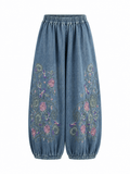 Embroidered Denim Wide-Leg Pants for Stylish Women