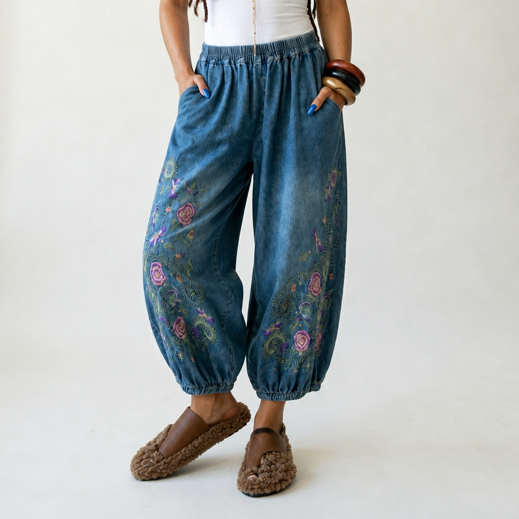 Embroidered Denim Wide-Leg Pants for Stylish Women