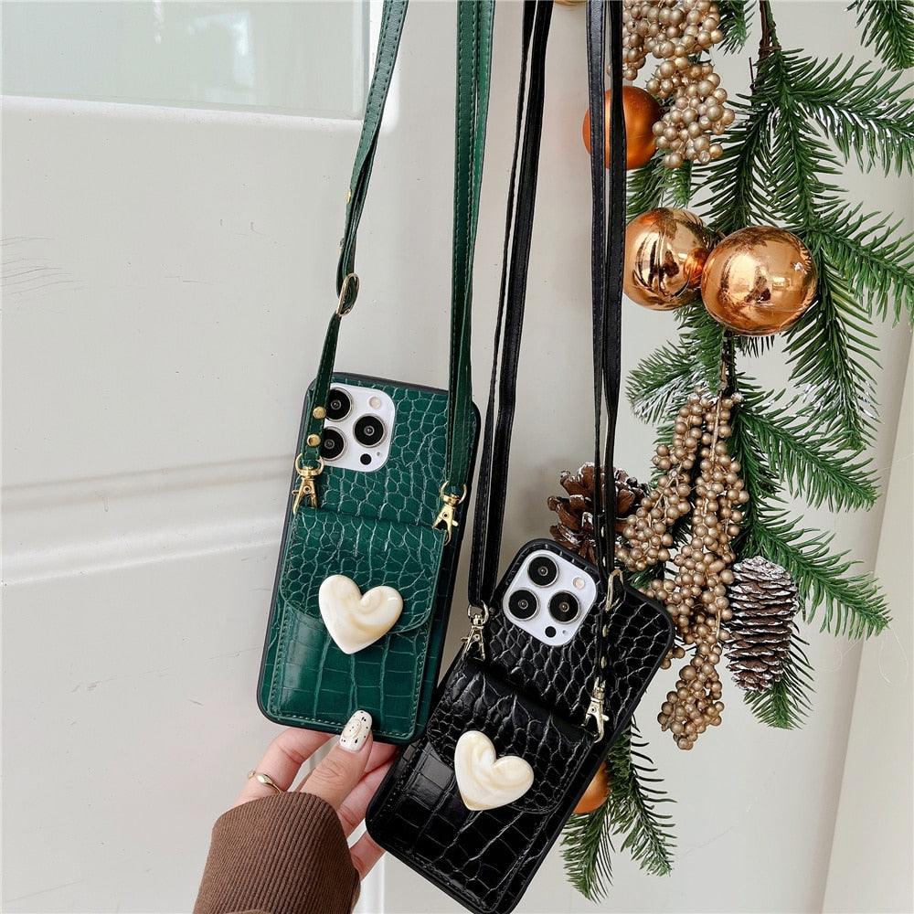 Attractive Luxury Love Black Lanyard Phone Case for iPhone 12 13 Mini 7 8 Plus 11 Pro Max X XS XR Cover Handbag Case with Card Holder Lanyard Adjustable Strap Cover For iPhone by Stevvex