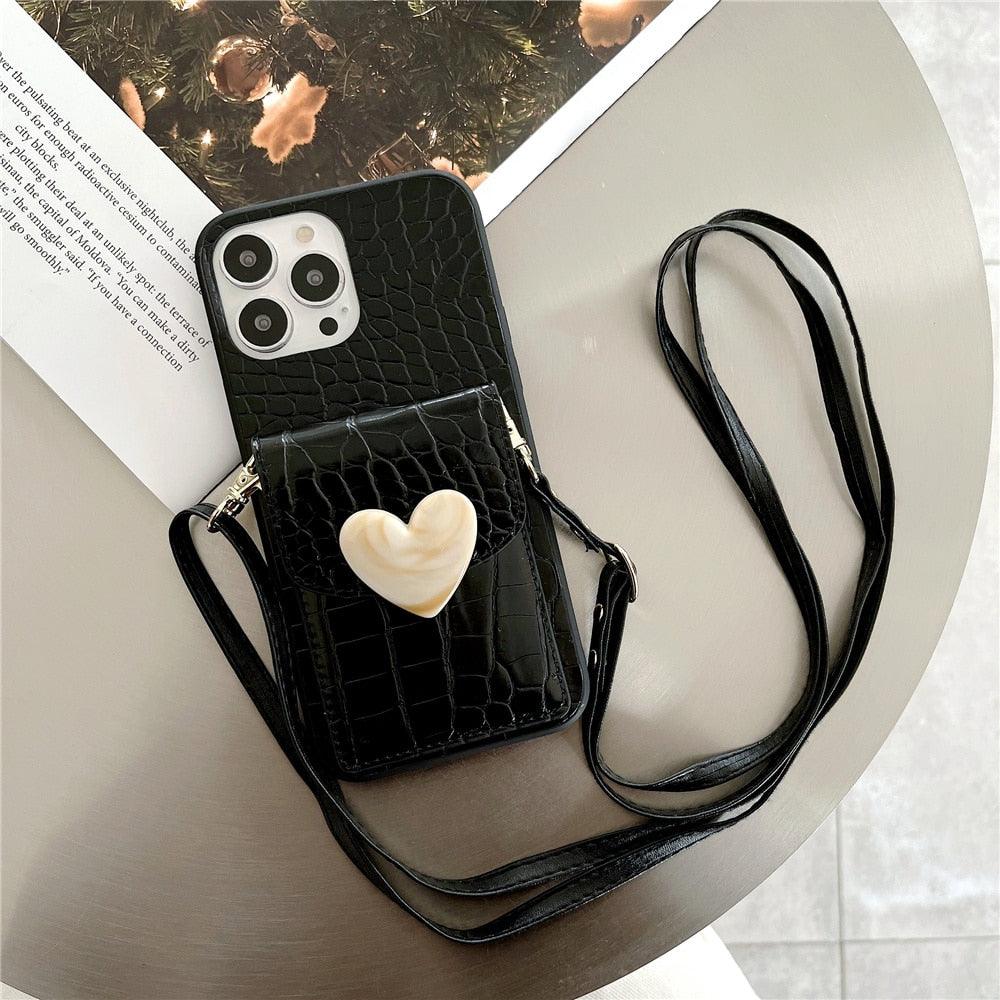 Attractive Luxury Love Black Lanyard Phone Case for iPhone 12 13 Mini 7 8 Plus 11 Pro Max X XS XR Cover Handbag Case with Card Holder Lanyard Adjustable Strap Cover For iPhone by Stevvex