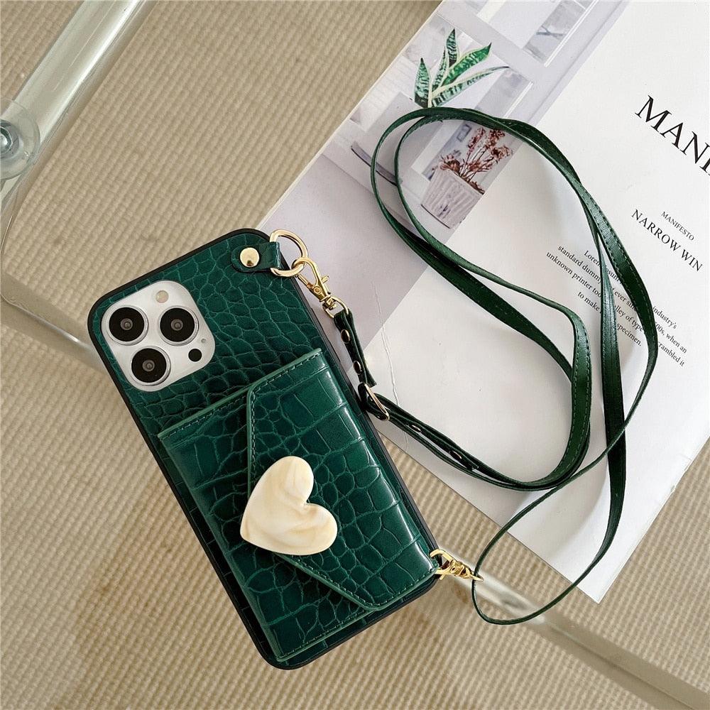 Attractive Luxury Love Black Lanyard Phone Case for iPhone 12 13 Mini 7 8 Plus 11 Pro Max X XS XR Cover Handbag Case with Card Holder Lanyard Adjustable Strap Cover For iPhone by Stevvex