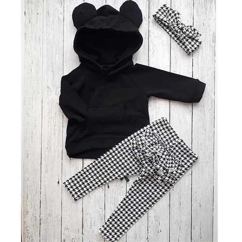 1-6Y Winter Toddler Baby Girls Clothes Sets, Hooded Pullover Black Tops and Ruffles Plaid Pants Headband In Modern New Style by Stevvex
