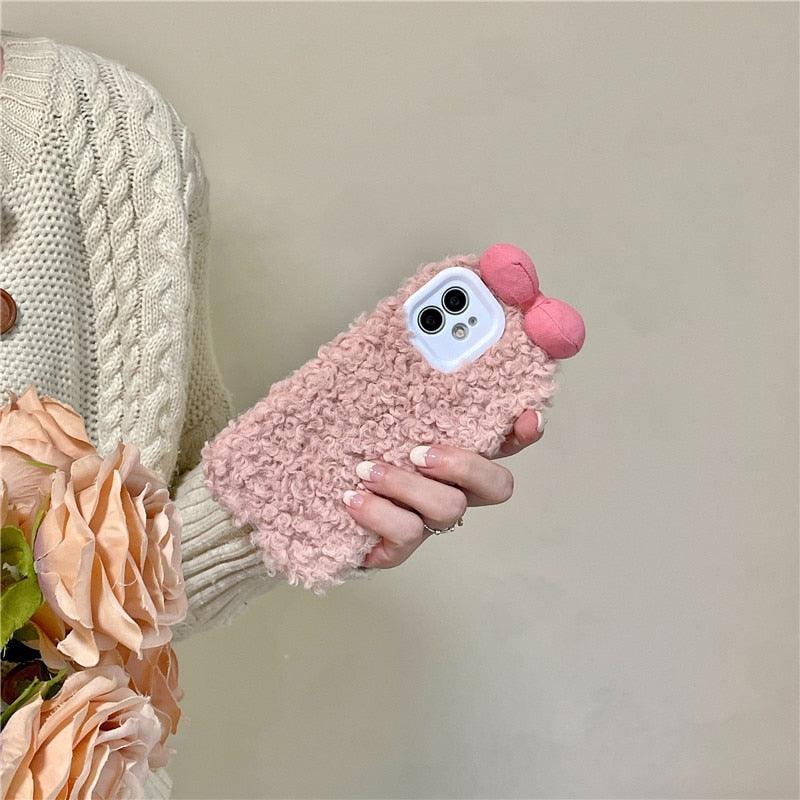 Fluffy Warm Cover Case For Iphone 13 12 11 Pro Xs Max X Xr Cases 3D Cartoon Bow Ear Furry Fluffy Warm Case For Iphone 7plus 8plus 12pro Phone Case by Stevvex