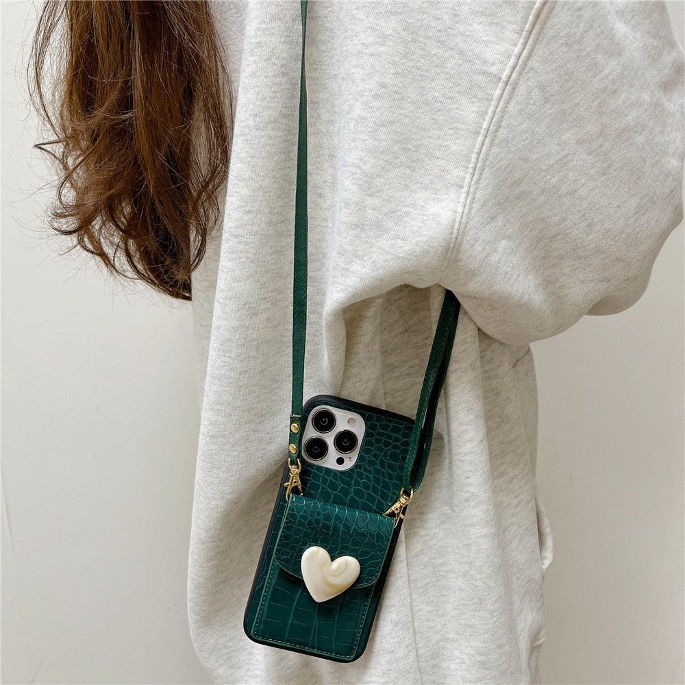 Attractive Luxury Love Black Lanyard Phone Case for iPhone 12 13 Mini 7 8 Plus 11 Pro Max X XS XR Cover Handbag Case with Card Holder Lanyard Adjustable Strap Cover For iPhone by Stevvex