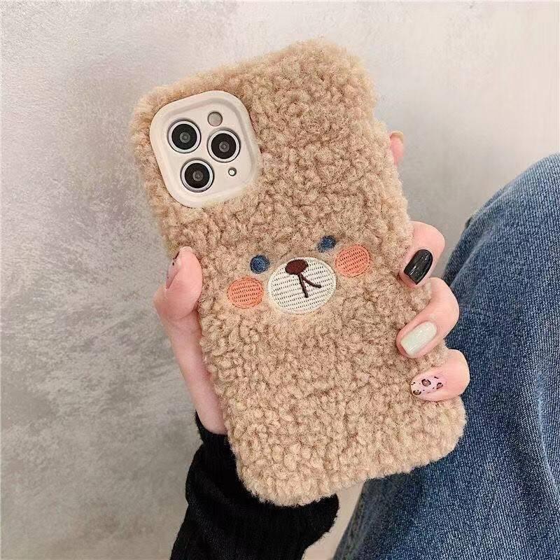 Cute Brown Bear Plush Phone Case For Iphone 14 11 12 13 Pro Max 7 8 X XS Max XR SE2 Autumn And Winter Shockproof Full Case Cover Cute Bear Animal Winter Warm Plush Fabric Phone Case by Stevvex