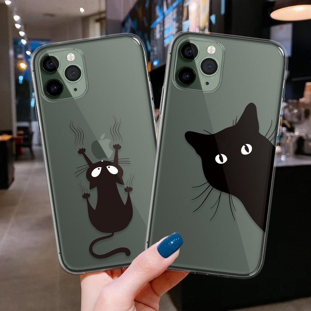 Cute Black Cats Animal Pattern Clear Phone Case For Iphone 11 13 12 Pro Max 7 8 Plus Se 2020 Silicone Protective Design Flexible Slim Soft Transparent Cover by Stevvex
