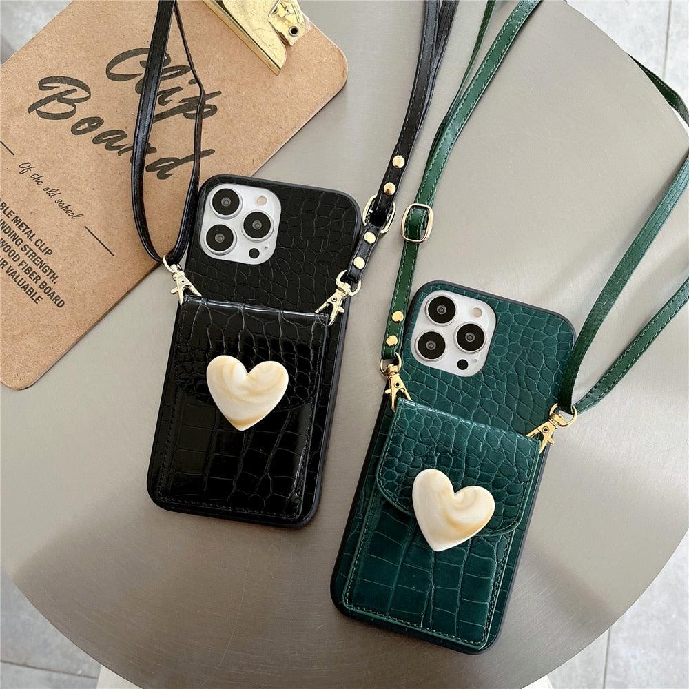 Attractive Luxury Love Black Lanyard Phone Case for iPhone 12 13 Mini 7 8 Plus 11 Pro Max X XS XR Cover Handbag Case with Card Holder Lanyard Adjustable Strap Cover For iPhone by Stevvex