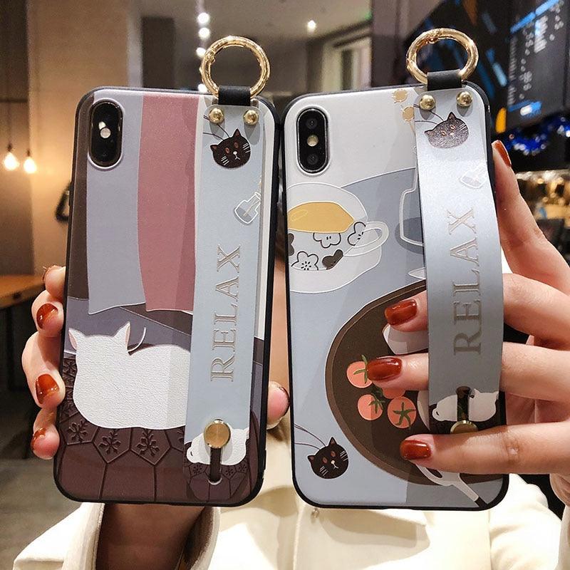 Cartoon Cute Cat Wrist Strap Soft Phone Case For Iphone 13 11 12 14 Pro Max X Xr Xs Max Se 2020 7 8 Plus 14plus Holder Cover Thanksgiving Cute Cats Silicone Case For Iphone by Stevvex