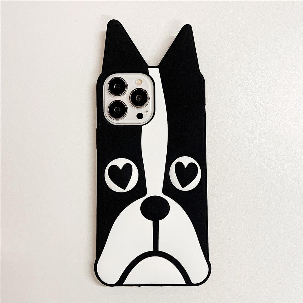 Cute 3D Little Ear Silicone Phone Case For Iphone 13 Pro Max X Xr Xs 11 12 Pro Max Cartoon Dog 3D Cartoon Puppy Black And White Color Cute Cover by Stevvex