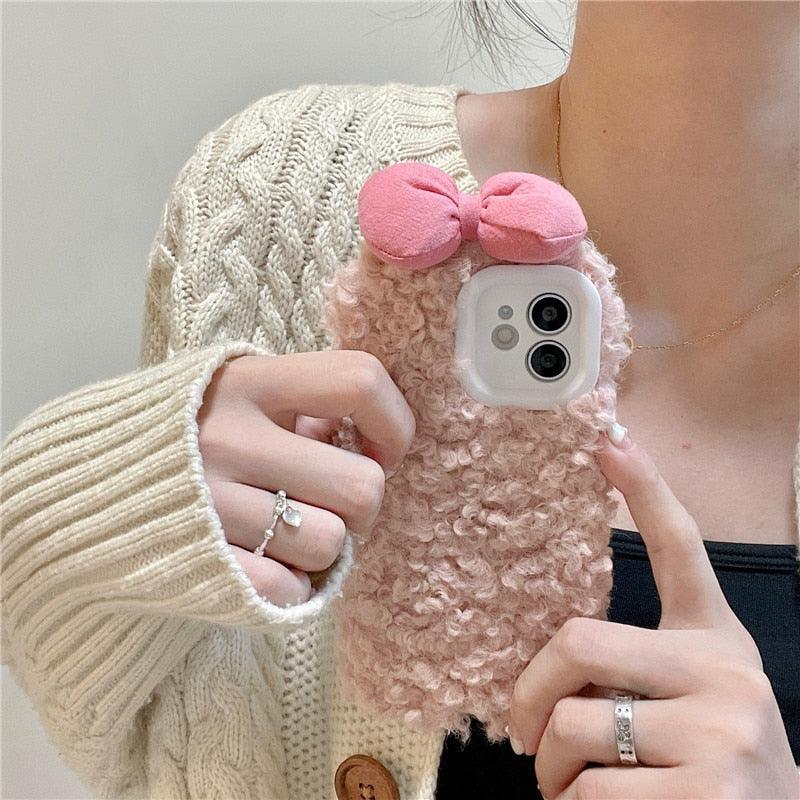 Fluffy Warm Cover Case For Iphone 13 12 11 Pro Xs Max X Xr Cases 3D Cartoon Bow Ear Furry Fluffy Warm Case For Iphone 7plus 8plus 12pro Phone Case by Stevvex