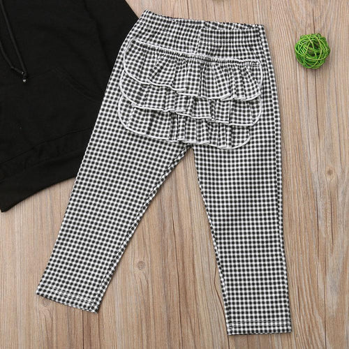 1-6Y Winter Toddler Baby Girls Clothes Sets, Hooded Pullover Black Tops and Ruffles Plaid Pants Headband In Modern New Style by Stevvex