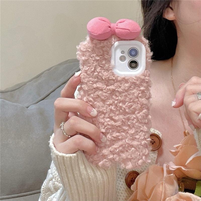 Fluffy Warm Cover Case For Iphone 13 12 11 Pro Xs Max X Xr Cases 3D Cartoon Bow Ear Furry Fluffy Warm Case For Iphone 7plus 8plus 12pro Phone Case by Stevvex