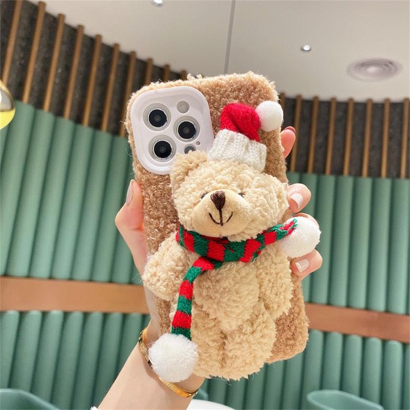 Cute Fluffy Santa 3D Teddy Bear Plush Christmas Case For Iphone 13 12 11 Pro Xs Max X Xr 7 8 Plus Se3 Shockproof Soft Cover Super Soft Winter Warm Funny Rabbit Ears Faux Fur Plush Fluffy Cover by Stevvex